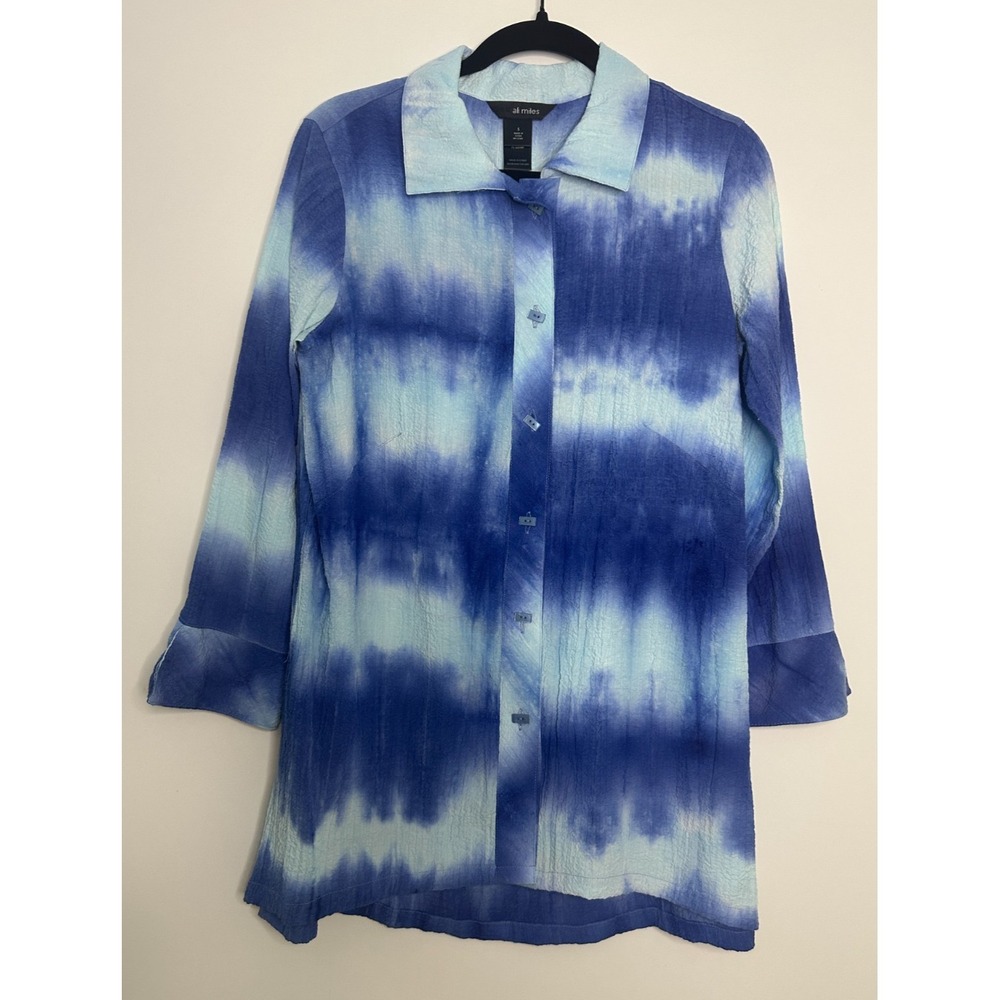 Ali Miles Crinkle Tie Dye Button Up Top Small Blue Boho Artsy Lagenlook Blouse - Picture 13 of 13